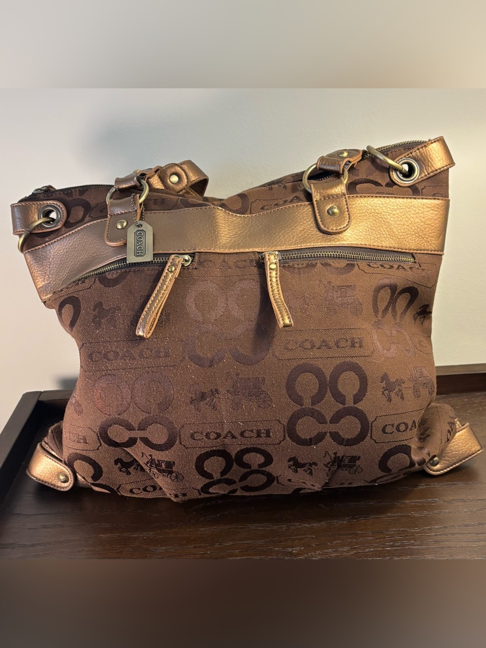 Coach Brown Signature Logo Tote with Metallic Bronze Trim